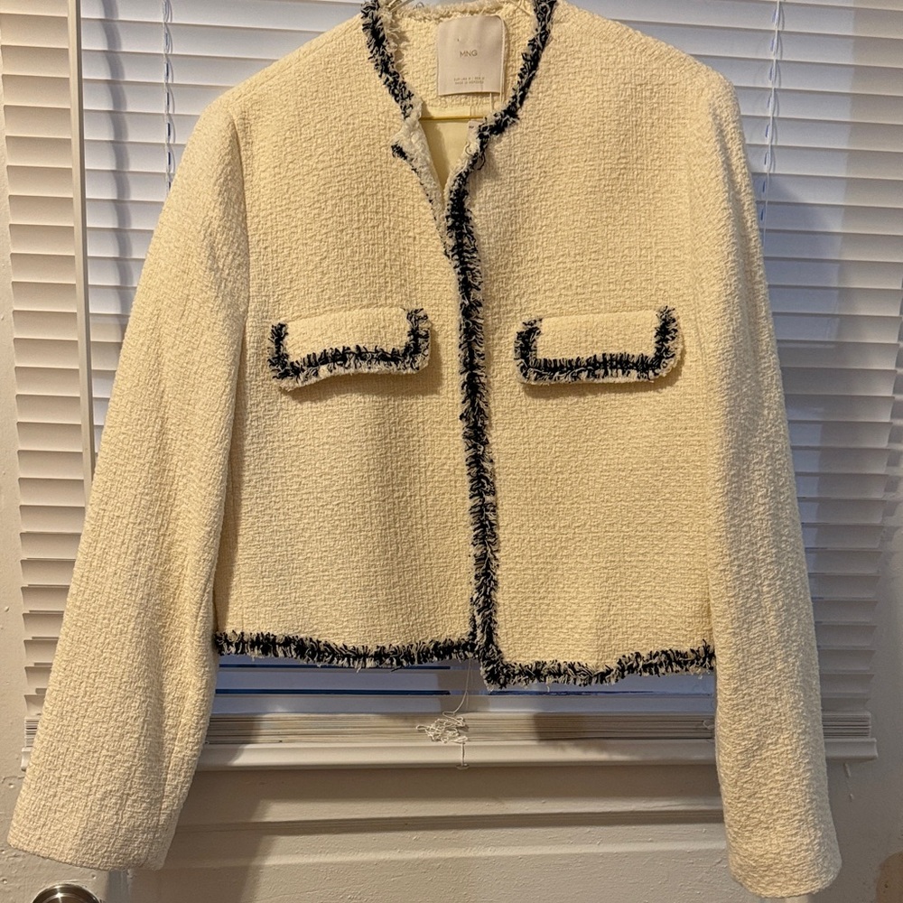 Mango Cream Tweed Fringe Trim Women’s Jacket